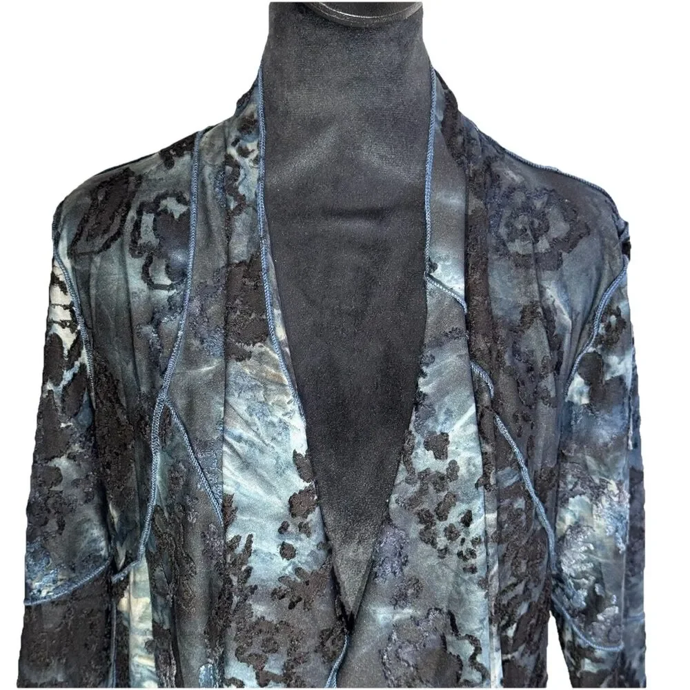 NWT Creation Navy Burnout Velvet Fly‎ Away Duster Kimono Artsy Boho Lagenlook